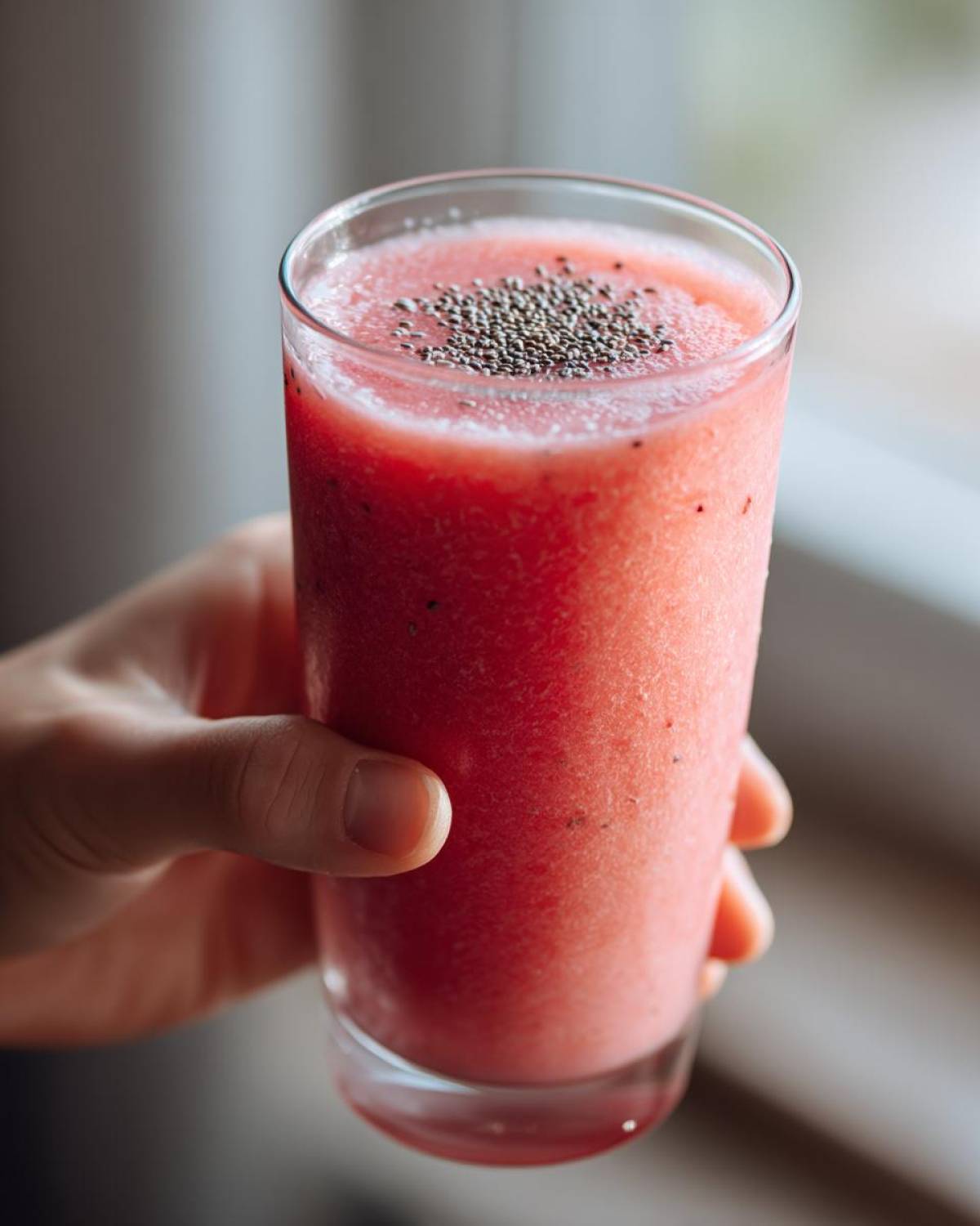 Hand holding a tall glass of bright pink watermelon smoothie topped with chia seeds.
