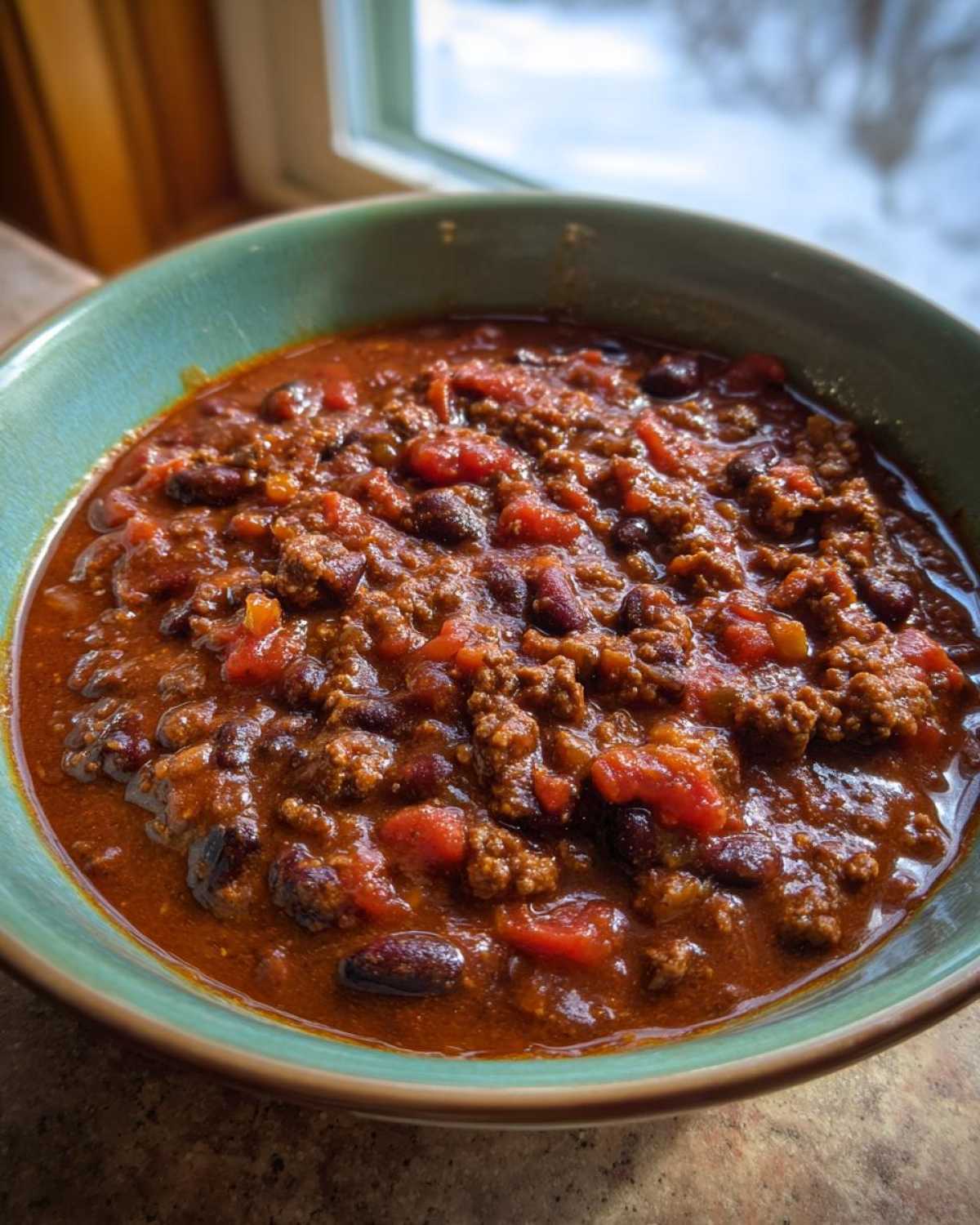 Close-up of a deep green bowl filled with rich, hearty chili containing ground beef, kidney beans, and tomatoes.