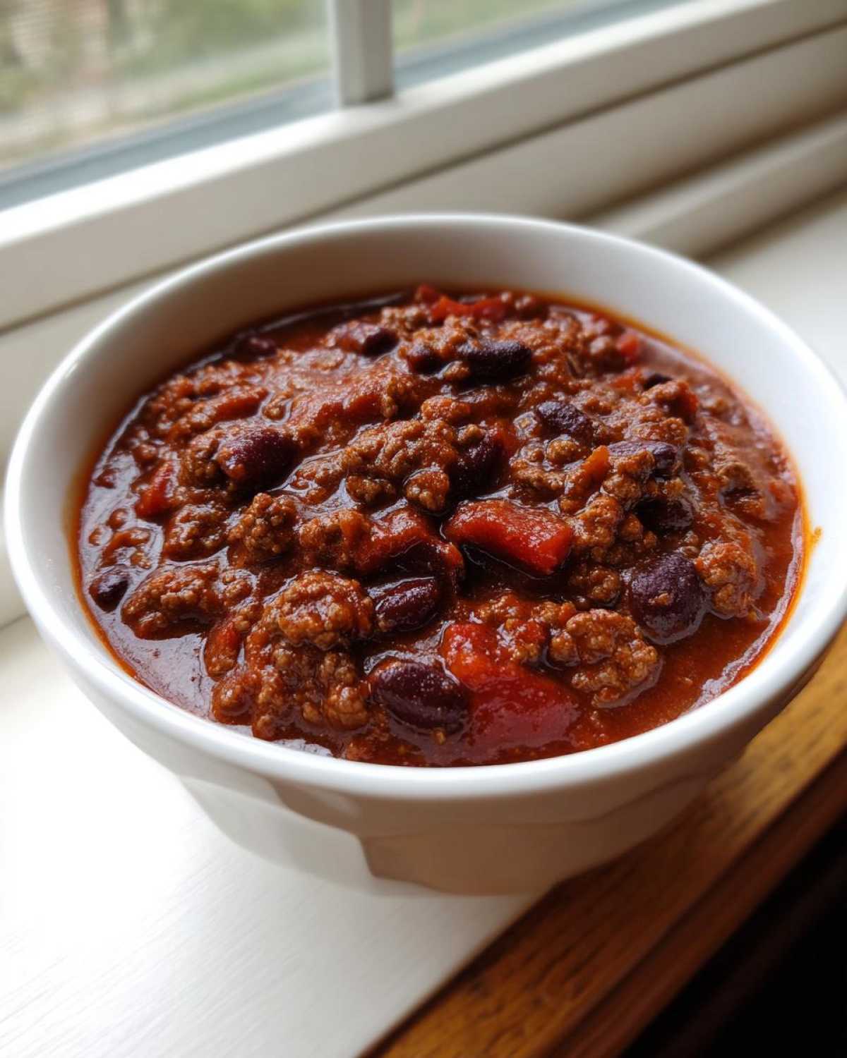 A close-up view of a steaming white bowl filled with rich, thick chili containing ground meat and kidney beans, perfect for the best chili recipe.