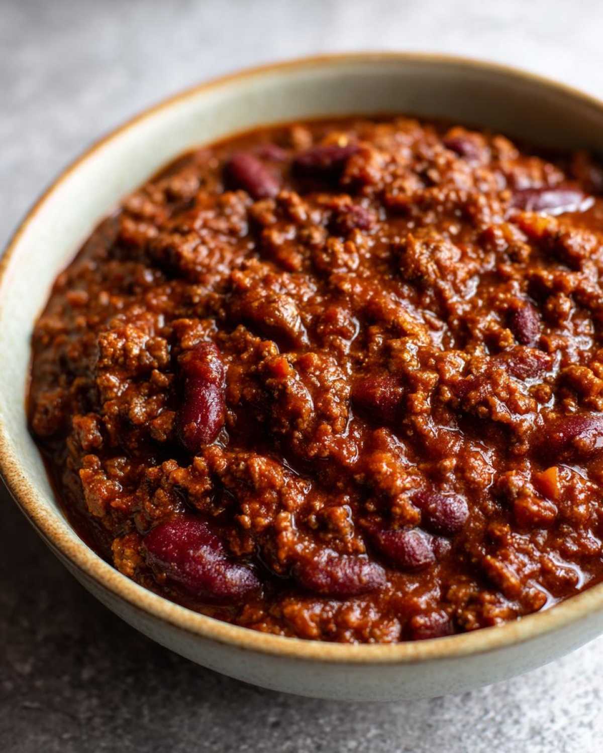 Close-up of a bowl filled with rich, thick, hearty chili featuring ground meat and kidney beans.