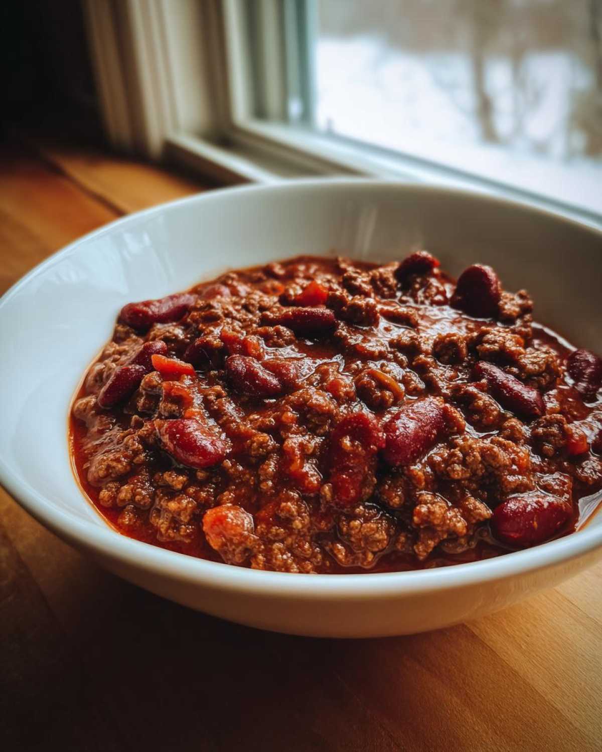 Close-up of a hearty bowl of chili loaded with ground meat and kidney beans, set near a window.