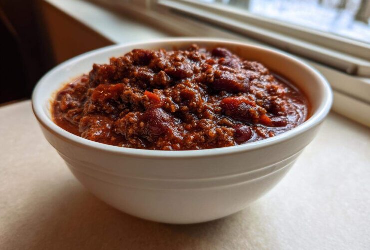 A close-up of a white bowl filled with rich, dark red hearty chili featuring ground meat and beans.