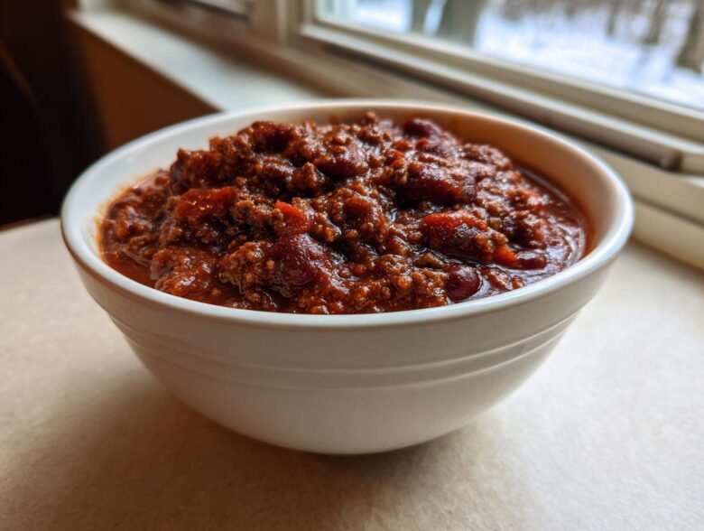 A close-up of a white bowl filled with rich, dark red hearty chili featuring ground meat and beans.