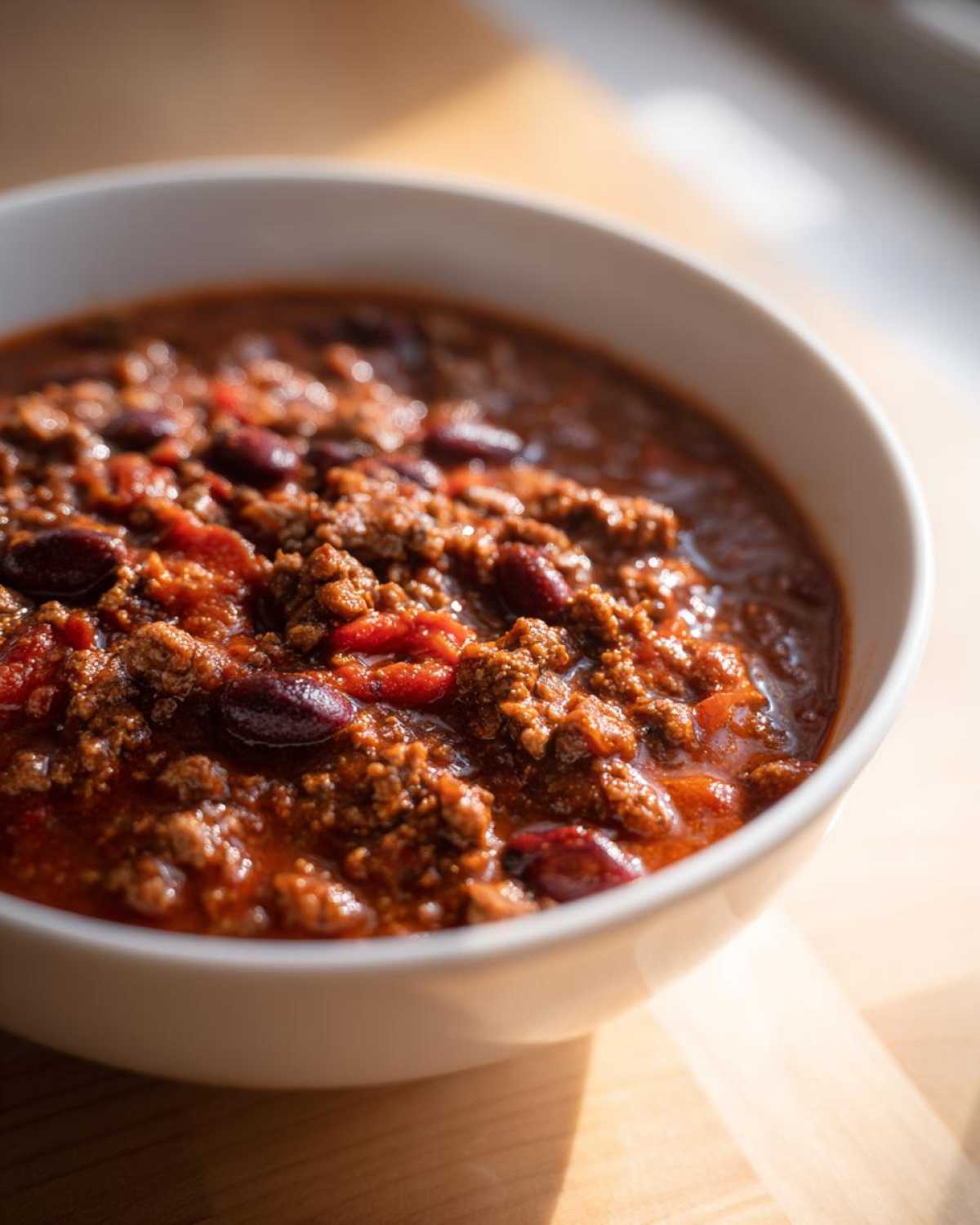 Close-up of a white bowl filled with rich, thick crockpot chili featuring ground meat and kidney beans.