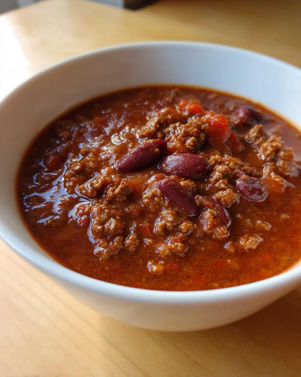 Close-up of a white bowl filled with rich, thick crockpot chili featuring ground meat and visible kidney beans.