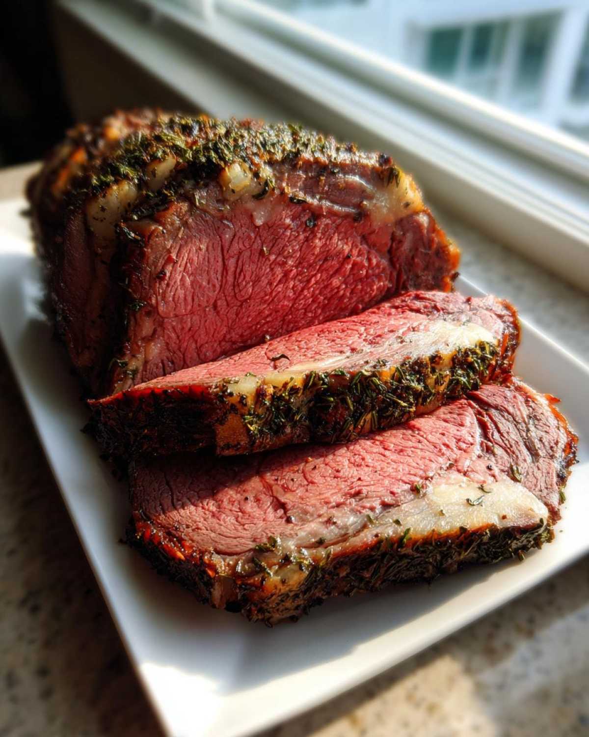 Close-up of a medium-rare rib roast, sliced to show the pink center and herb crust.