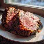 Two thick slices of medium-rare, herb-crusted rib roast resting on a white plate, catching sunlight.