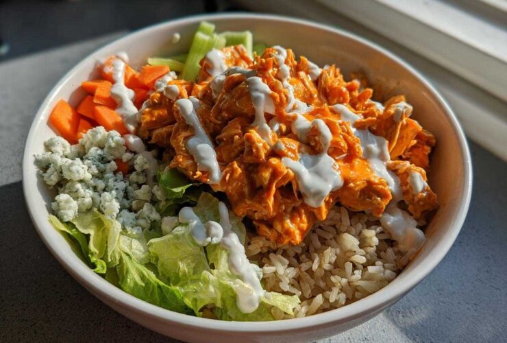 A close-up of a vibrant buffalo chicken bowl featuring shredded orange buffalo chicken, brown rice, blue cheese crumbles, carrots, and ranch dressing.
