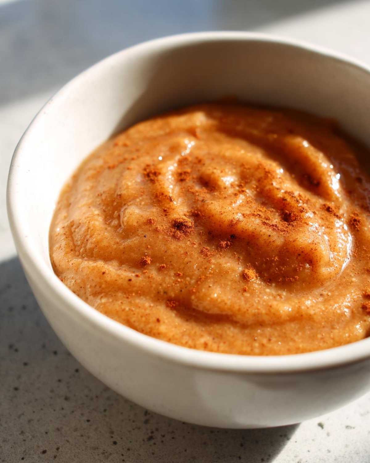 Close-up of thick, spiced homemade applesauce topped with cinnamon in a white bowl.