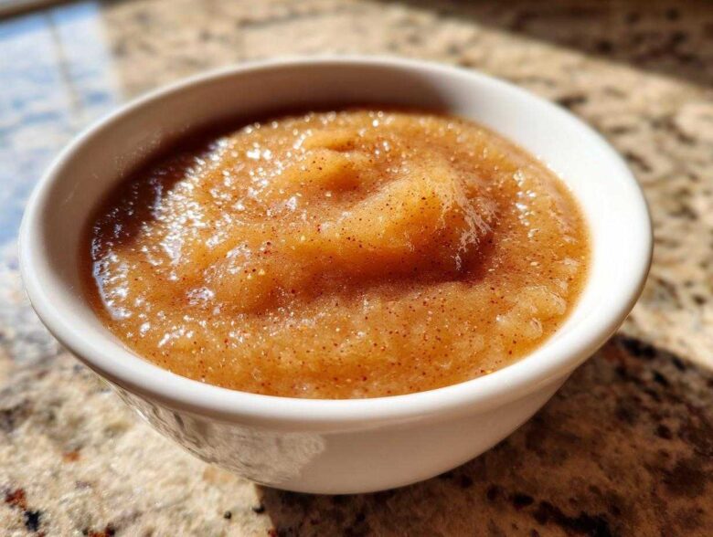 Close-up of rich, spiced homemade applesauce served in a small white bowl.