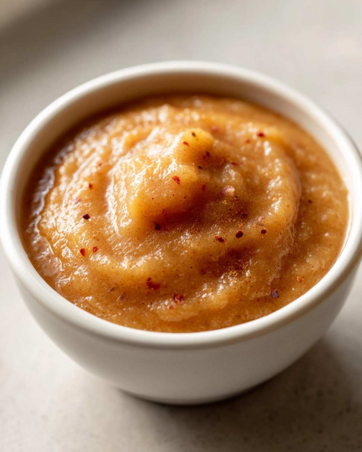 A close-up shot of thick, spiced homemade applesauce served in a small white bowl.