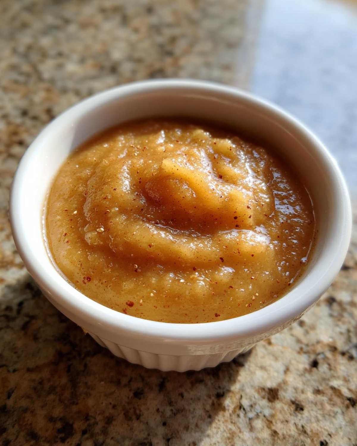 Close-up of chunky, spiced homemade applesauce served in a small white ramekin on a granite counter.