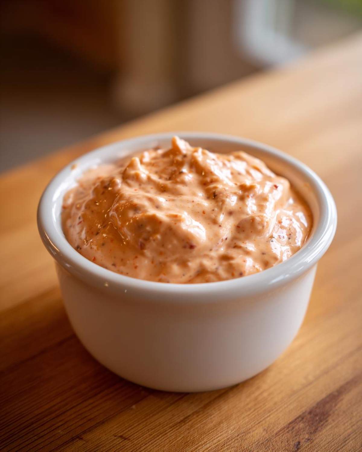 Close-up of creamy, orange-hued big mac sauce served in a small white ramekin on a wooden surface.