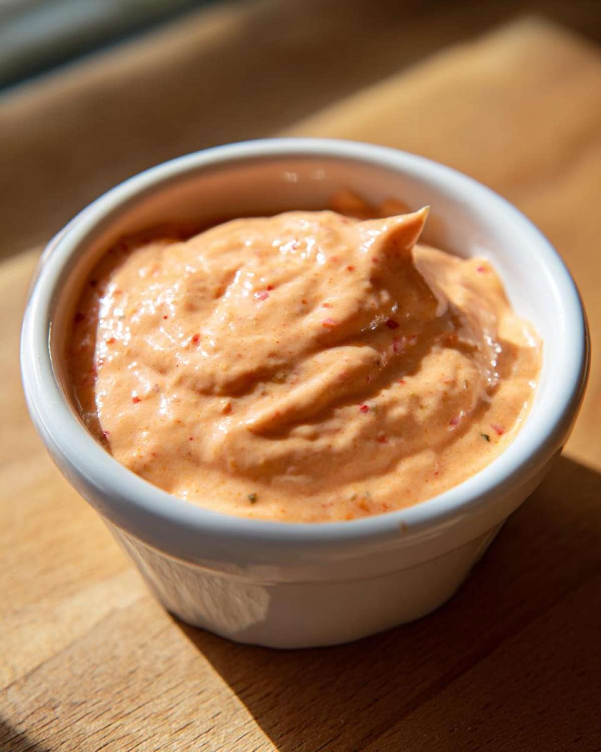 A close-up shot of creamy, orange-pink homemade big mac sauce speckled with red spices in a small white dipping bowl.