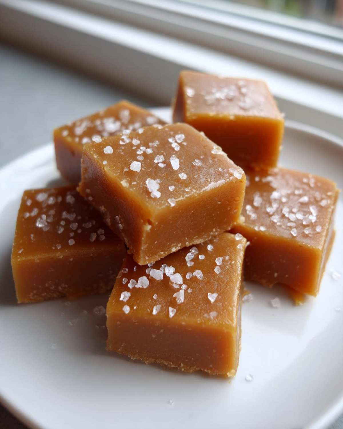 Close-up of several squares of homemade caramel candy sprinkled with flaky sea salt.