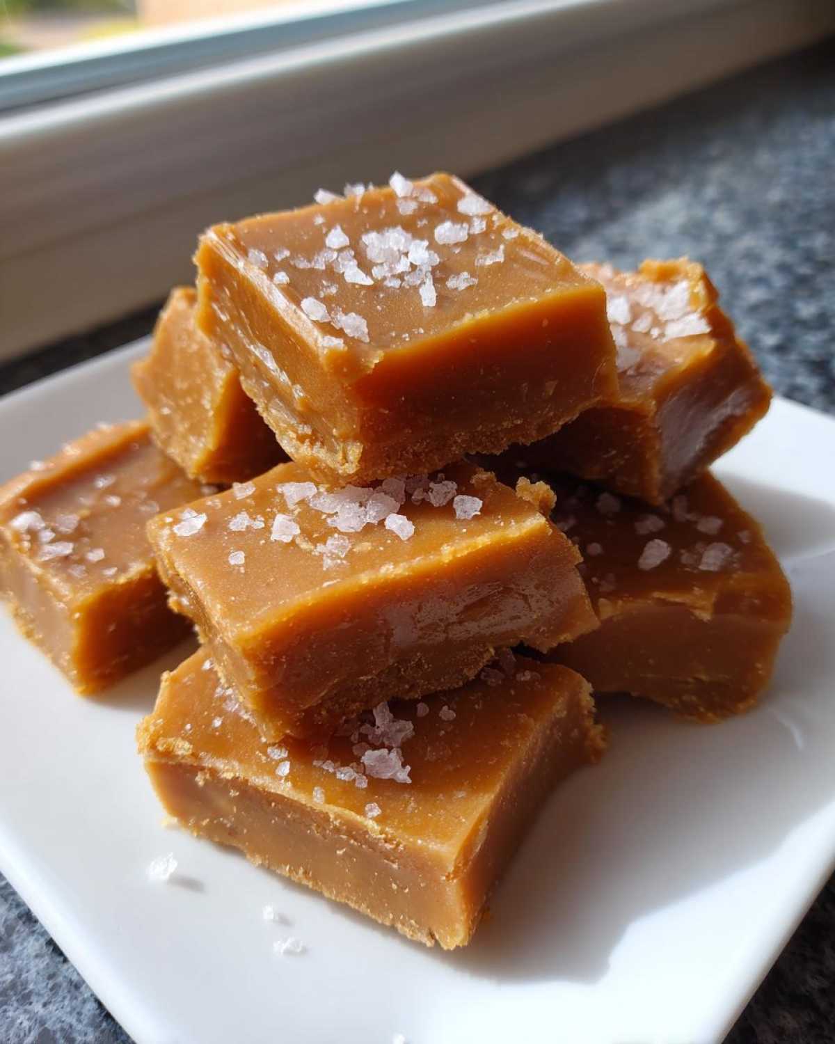 A stack of rich, square pieces of homemade caramel topped with flaky sea salt.