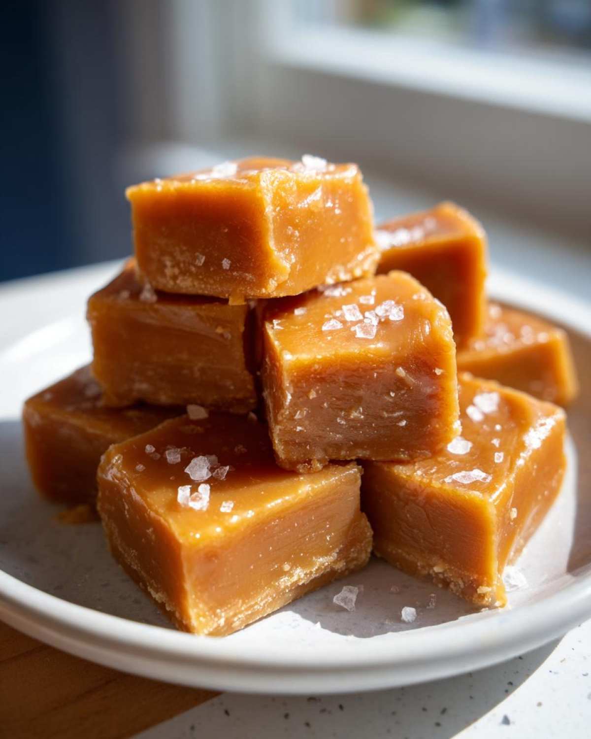 A stack of chewy, square pieces of homemade caramel topped with flaky sea salt.