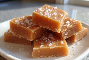 A stack of freshly cut, rich brown squares of homemade caramel topped with flaky sea salt.