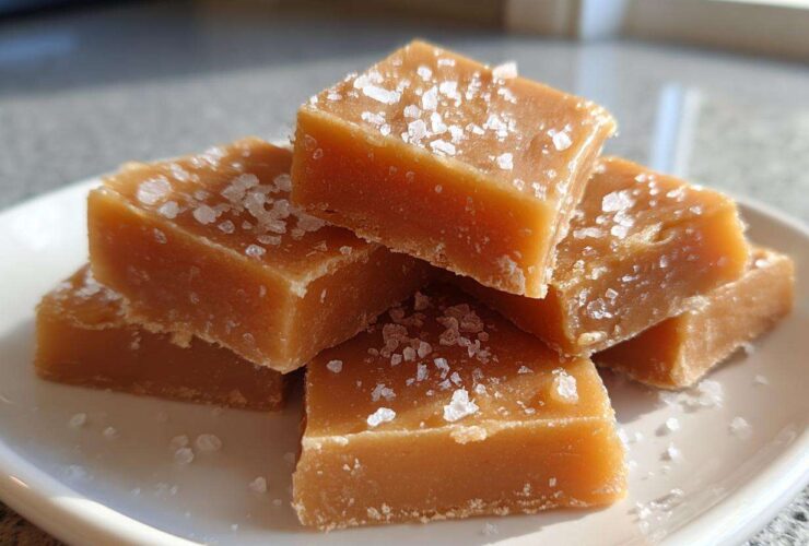 A stack of freshly cut, rich brown squares of homemade caramel topped with flaky sea salt.
