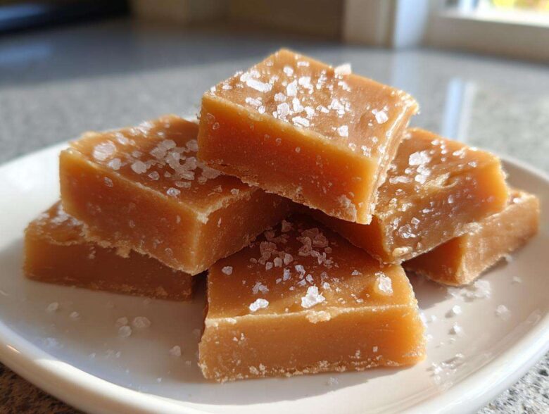 A stack of freshly cut, rich brown squares of homemade caramel topped with flaky sea salt.