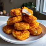 A stack of perfectly golden, crispy homemade chicken nuggets on a white plate, one nugget broken open showing the white chicken interior.