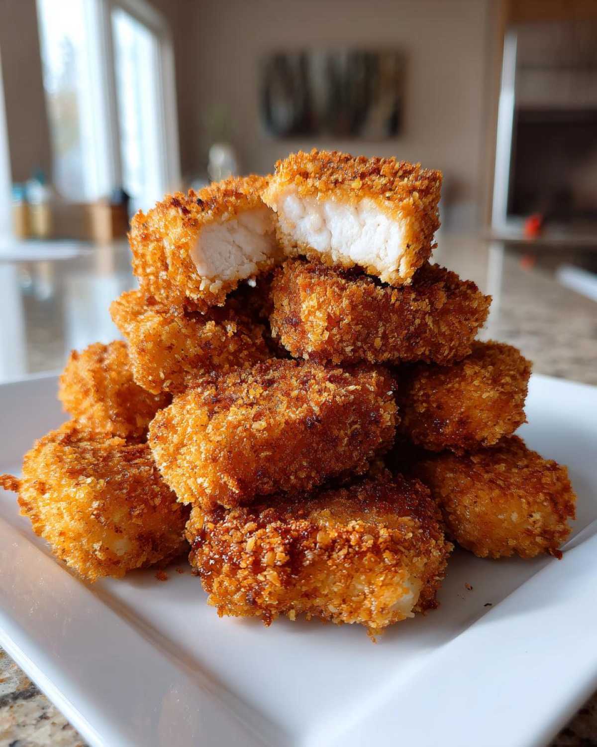 A stack of crispy, golden brown homemade chicken nuggets with one nugget broken open showing white chicken meat inside.