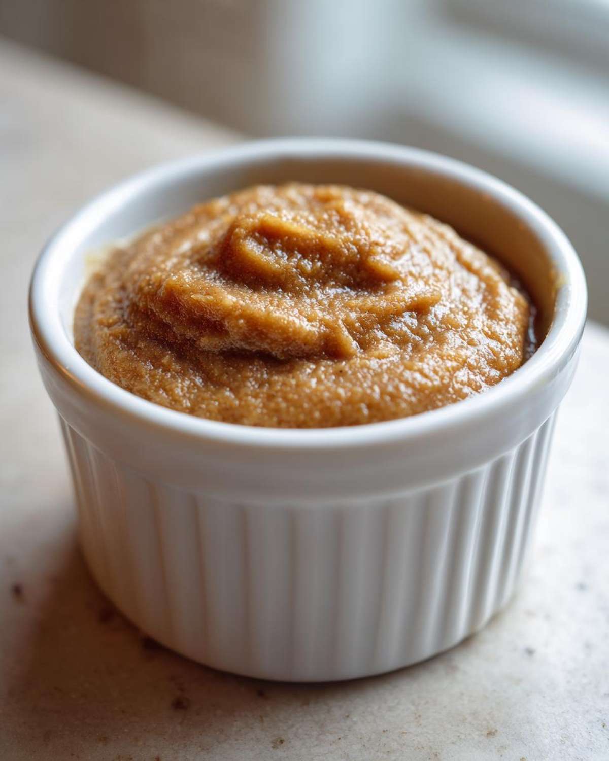 A thick, rich serving of homemade pear butter presented in a small white ribbed ramekin.