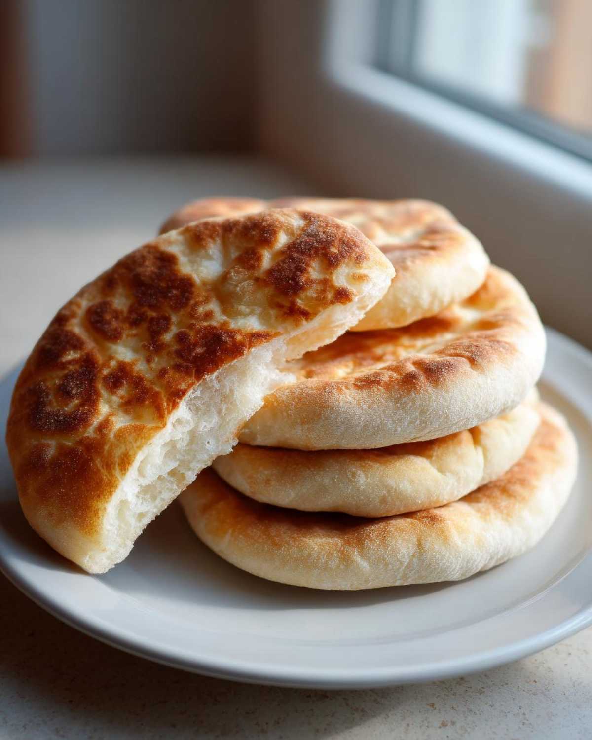 A stack of four golden-brown, fluffy pita bread pockets, one broken open to show the soft interior.