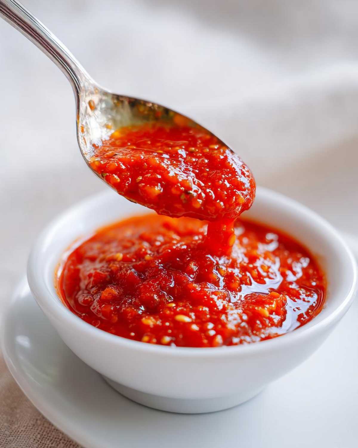 A spoonful of chunky, bright red homemade pizza sauce drips back into a small white bowl.