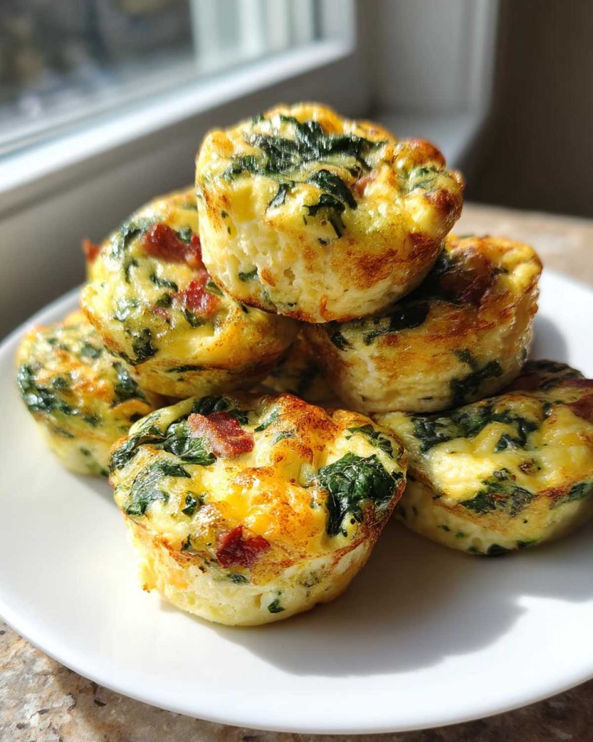 A stack of golden brown, baked egg bites loaded with spinach and bacon pieces on a white plate.