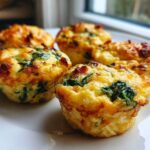 Five golden-brown, fluffy egg bites with visible spinach and bacon pieces served on a white plate.