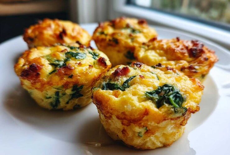 Five golden-brown, fluffy egg bites with visible spinach and bacon pieces served on a white plate.