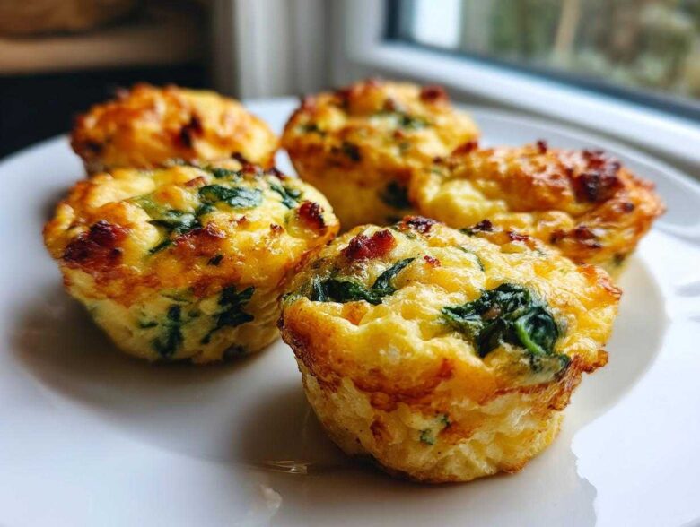 Five golden-brown, fluffy egg bites with visible spinach and bacon pieces served on a white plate.