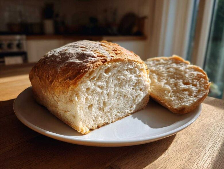 Close-up of a loaf of homemade whole wheat bread, sliced to show the airy interior crumb.