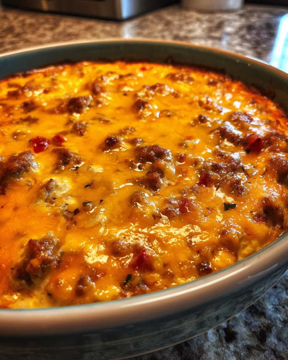 Close-up of a bubbling, cheesy rotel dip topped with browned sausage and red peppers in a teal baking dish.