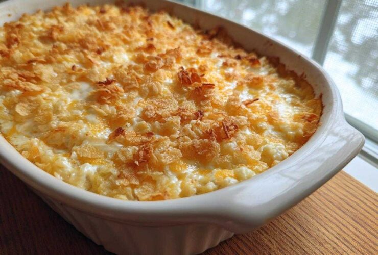 A creamy, baked hot chicken salad casserole topped with golden, crunchy cornflakes, served in a white dish.