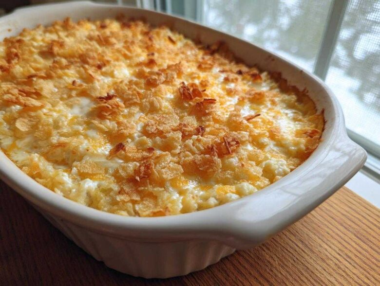 A creamy, baked hot chicken salad casserole topped with golden, crunchy cornflakes, served in a white dish.