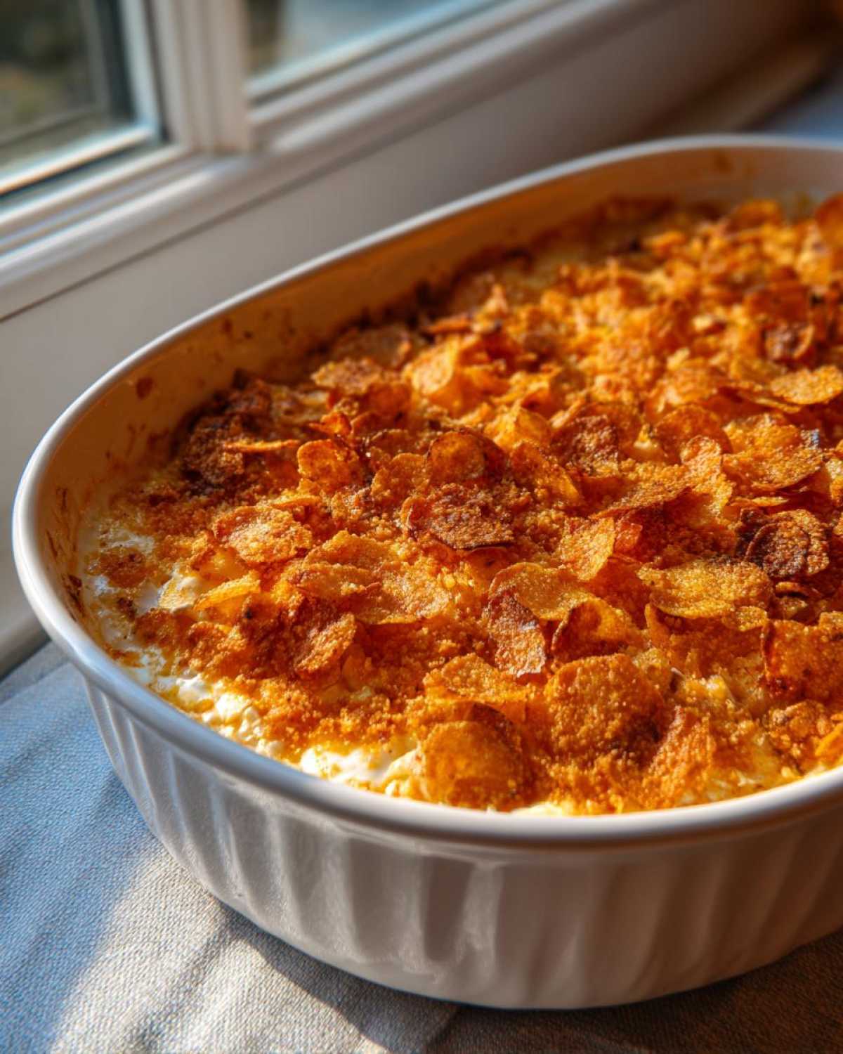 A freshly baked hot chicken salad casserole topped with crispy, golden cornflakes, sitting by a window.