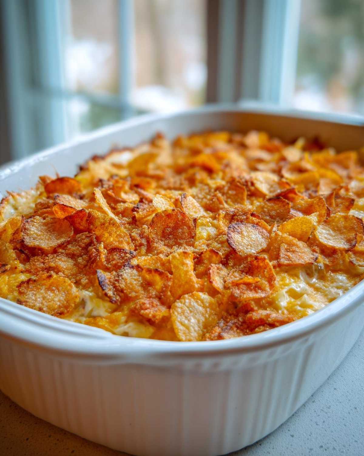 A close-up of a baked hot chicken salad casserole topped with golden, crunchy cornflakes in a white baking dish.