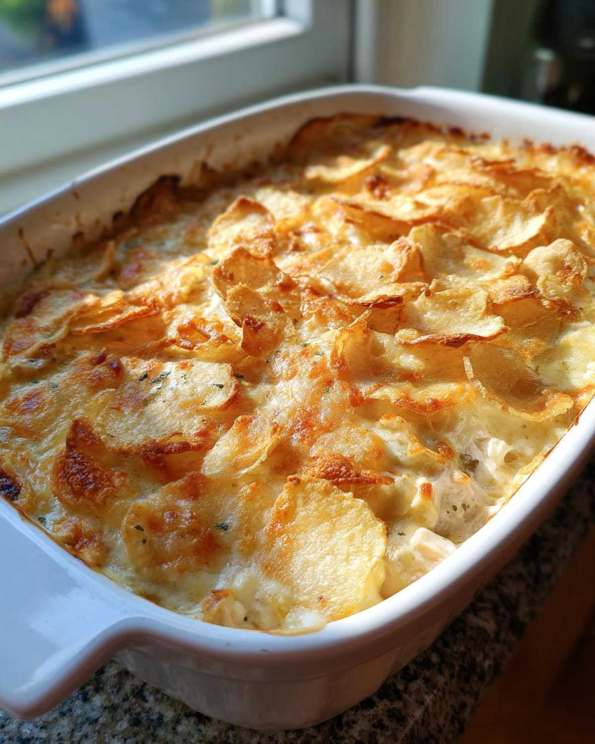 A baked casserole dish filled with creamy hot chicken salad topped with golden, crispy potato chips or slices.