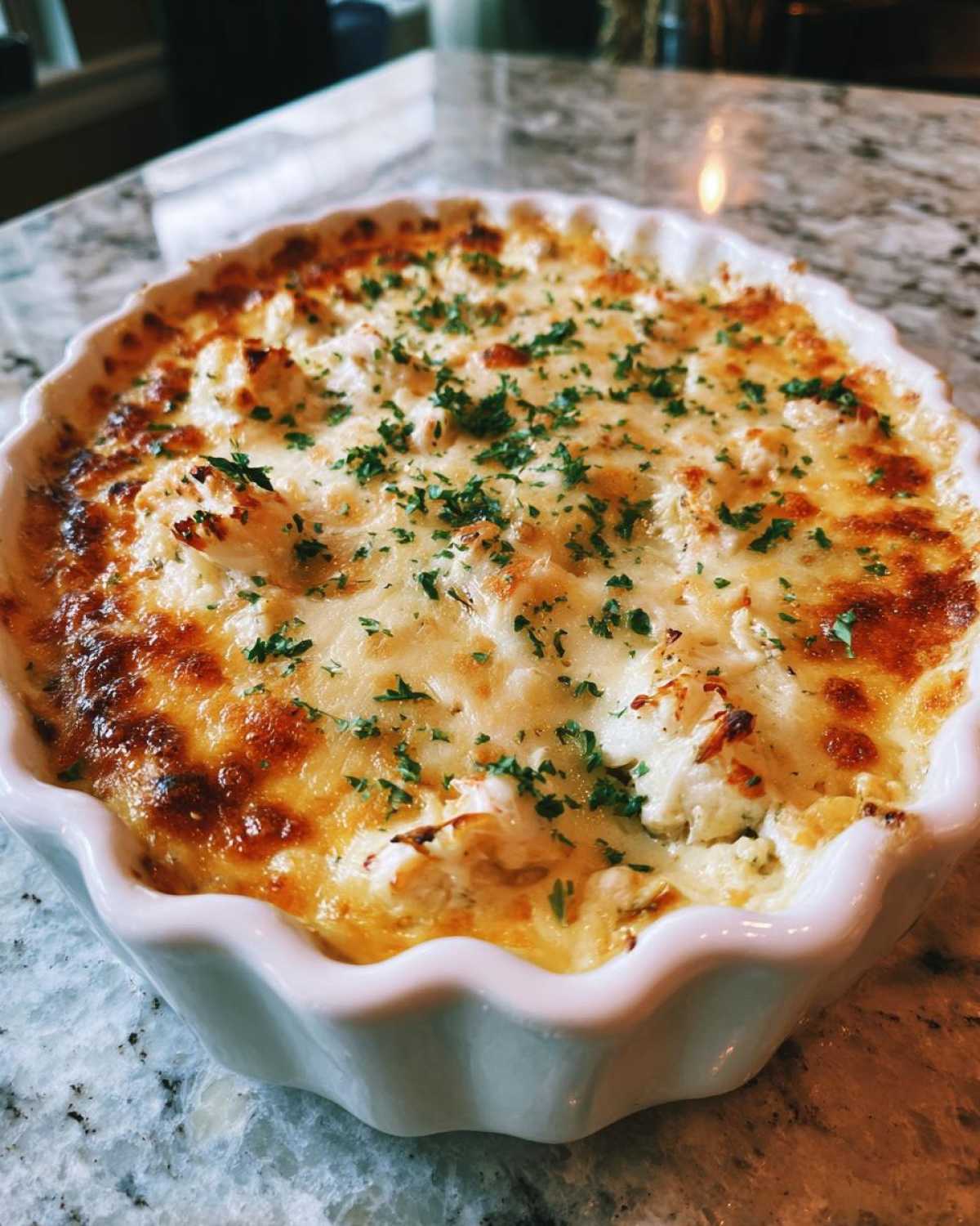 A close-up of a freshly baked hot crab dip in a white ruffled dish, topped with bubbly, browned cheese and parsley.