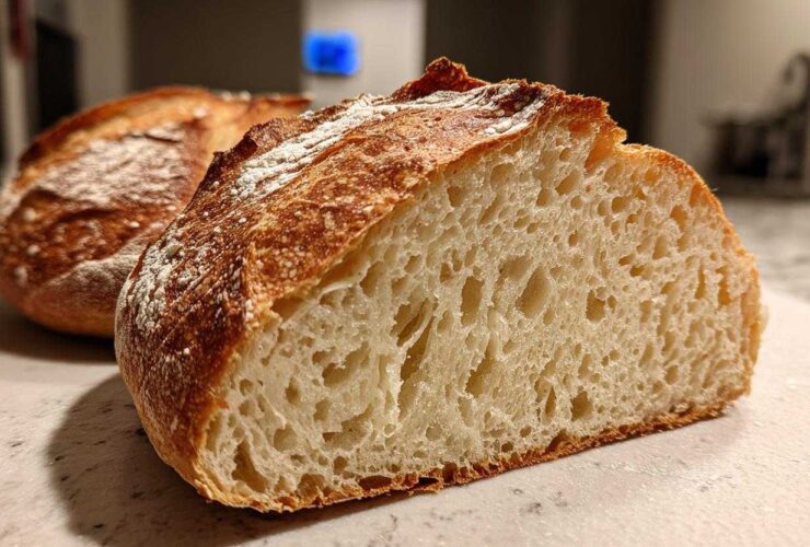 Close-up of a freshly baked Italian bread loaf cut in half, showing the open, airy crumb structure and golden crust.
