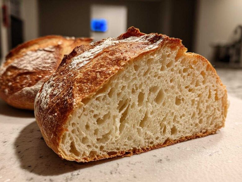 Close-up of a freshly baked Italian bread loaf cut in half, showing the open, airy crumb structure and golden crust.