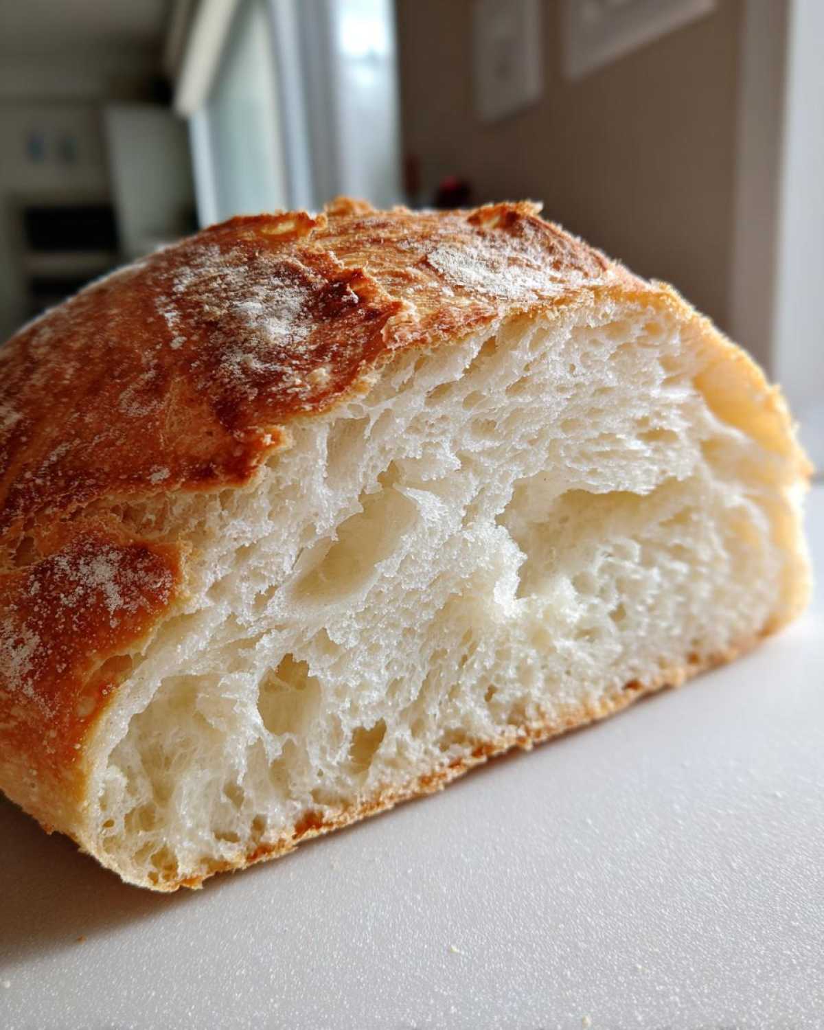 Close-up of the airy, open crumb structure inside a loaf of amazing Italian bread.