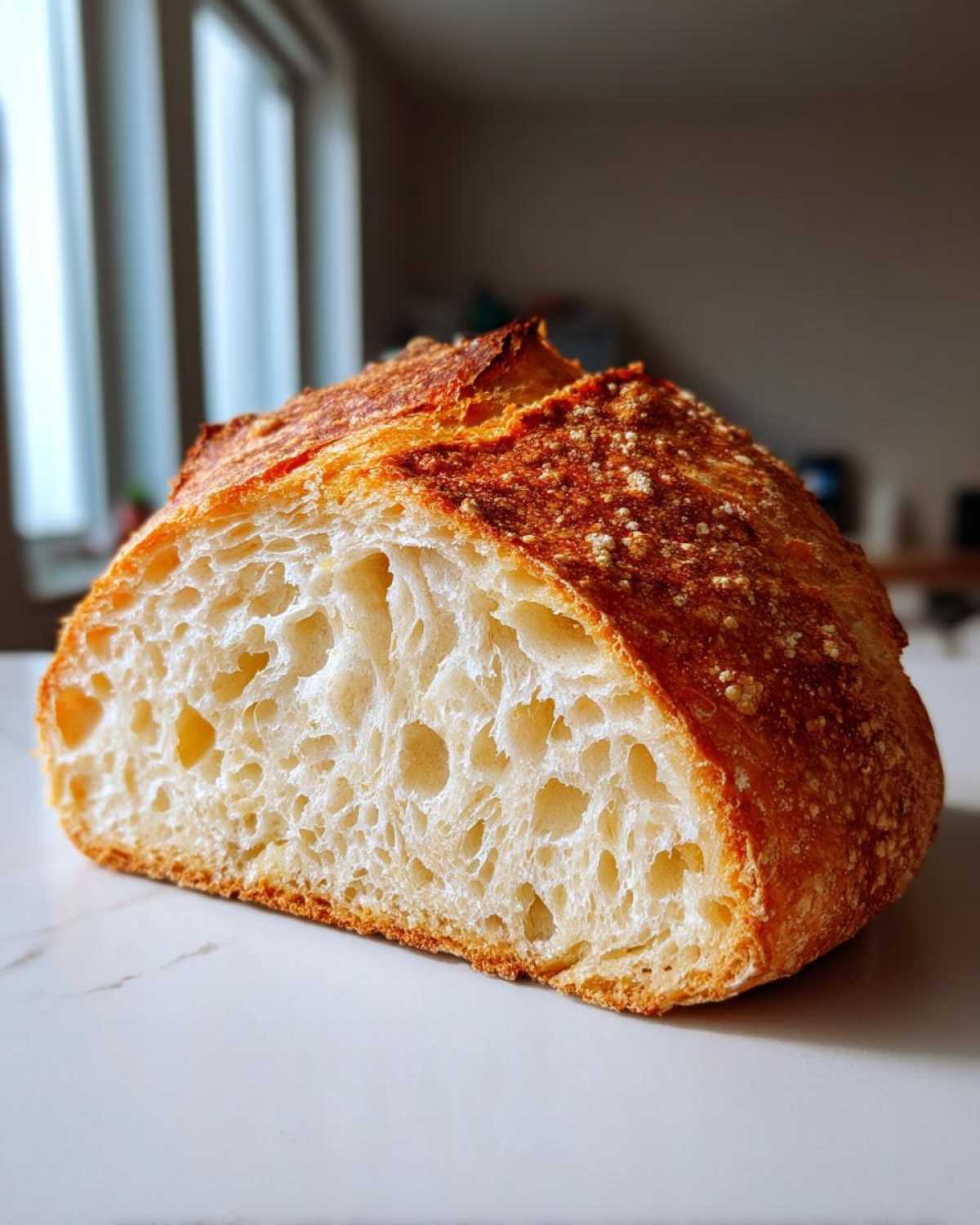 Close-up of a freshly baked Italian bread loaf cut in half, showing a beautiful open, airy crumb structure and golden crust.