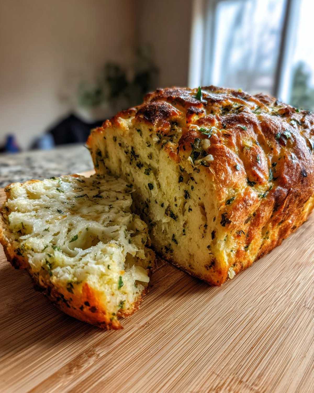 A golden-brown loaf of Italian herb and cheese bread, sliced to show the cheesy, herby interior on a wooden board.