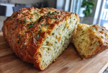 A freshly baked loaf of Italian herb and cheese bread, sliced to show the cheesy interior, resting on a wooden cutting board.