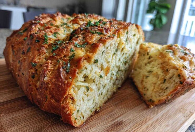 A freshly baked loaf of Italian herb and cheese bread, sliced to show the cheesy interior, resting on a wooden cutting board.
