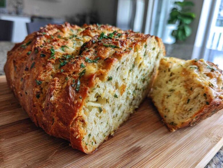 A freshly baked loaf of Italian herb and cheese bread, sliced to show the cheesy interior, resting on a wooden cutting board.