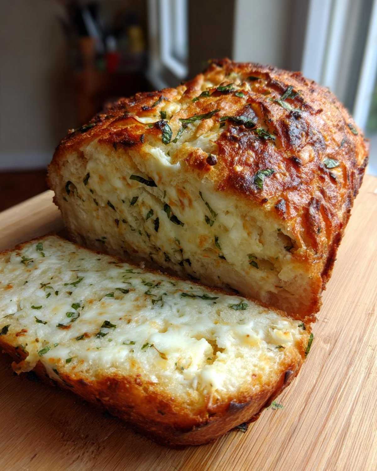 A loaf of amazing Italian herb and cheese bread, sliced to show gooey melted cheese and green herbs.